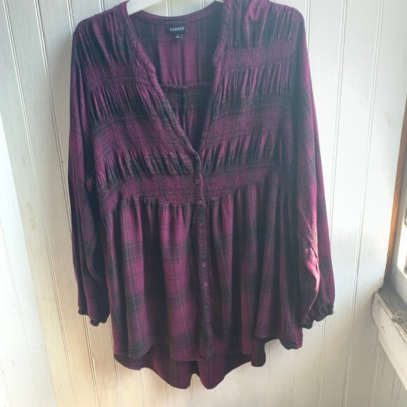 Torrid Purple Black Plaid V neck Shirred Balloon Sleeve Tunic Grunge Milly - 3 - Picture 3 of 13